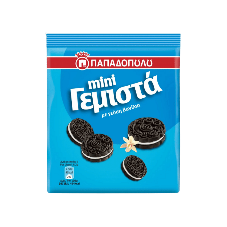 Mini gefüllte Kekse Vanille (90g) Papadopoulou von Papadopoulos bei Araxxon - Hochwertiges griechisches Produkt. Mini gefüllte Kekse Vanille (90g) Papadopoulou από Papadopoulos στο Araxxon - Αυθεντικό ελληνικό προϊόν.